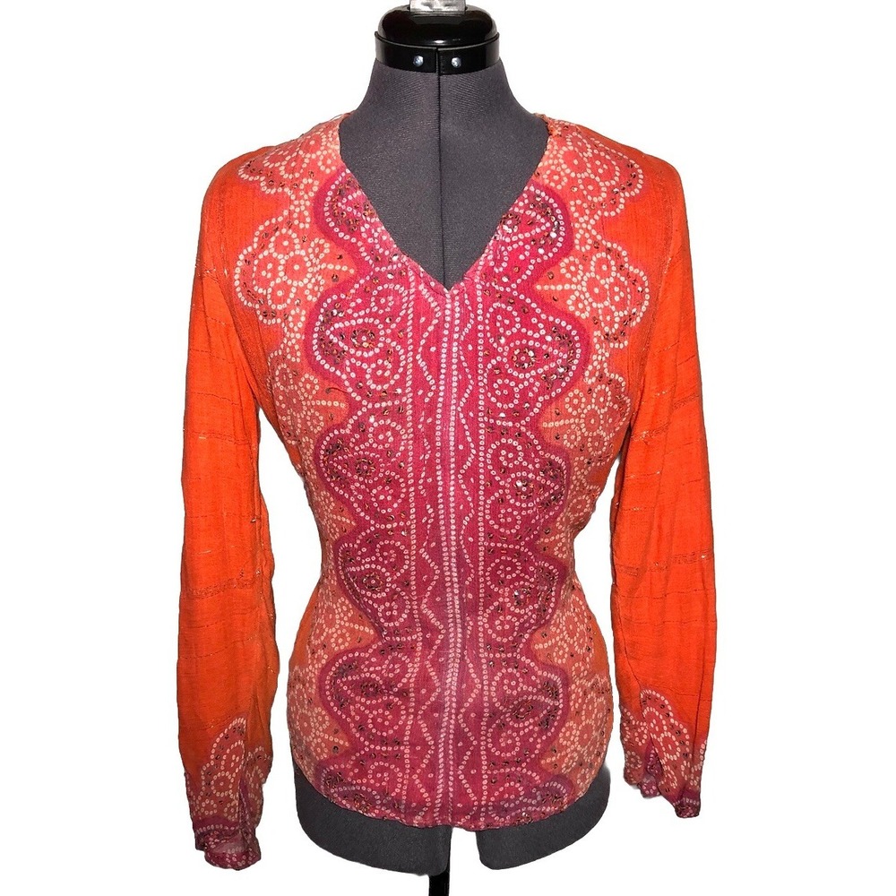 Vtg Y2K‎ Boho Blouse Cervelle Sequin Metallic  Bandhani Print Orange S DAMAGED